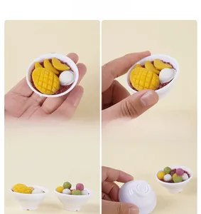 Detailed views of 5cm miniature mango pudding and taro ball dessert models in white bowls