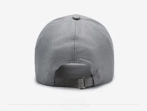 Detailed back view of grey mesh baseball cap featuring an adjustable metal buckle strap