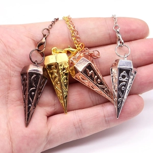 Copper hexagonal cone pendulum pendants set in four metal finishes with moon star engravings