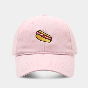 Detail shot of hot dog embroidery on a light pink cotton twill baseball cap