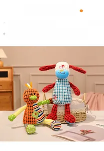 Detailed view of plush animal dolls featuring textured knit fabric and premium handcrafting