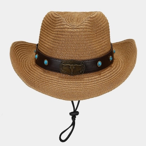 Western straw cowboy hat with turquoise leather band and bull skull ornament