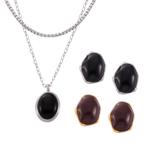 British style titanium steel jewelry set with double layer necklace and enamel earrings