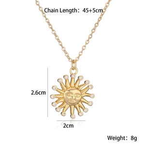Detail showing 18K gold-plated sun face pendant measurements and product specifications