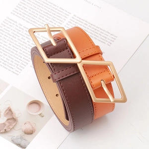 Fashionable brown and orange women's faux leather belts with vintage gold diamond buckles