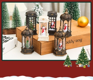 Detail of vintage Christmas lanterns with Santa and snowman scenes on wooden base