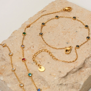 Gold stainless steel anklets with black and colorful round zirconia on a stone base