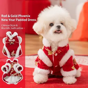 Robe De Costume Tang Chinois Pour Chien Et Chat Broderie Dorée Bordure En Fausse Fourrure Traditionnelle Festive Rouge