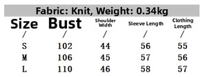 Tableau des tailles détaillé pour pull en tricot à col en V avec mesures S, M, L