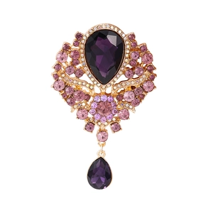 Vintage style purple crystal heart brooch with gold alloy base and rhinestones