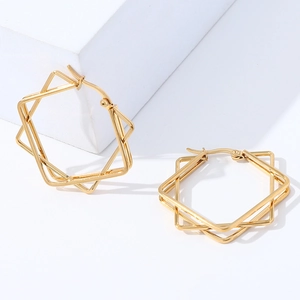 Geometric multi-layer square 18K gold-plated stainless steel earrings on white background