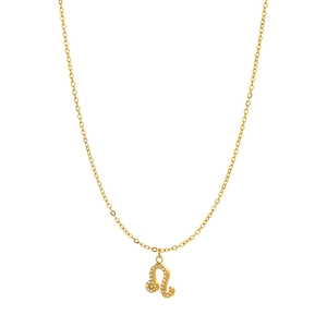 Detailed macro of a gold Leo zodiac pendant featuring shimmering micro-pave diamonds