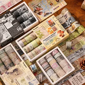 20 rolls vintage washi tape set with floral and old newspaper designs in a DIY gift box