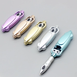 Foldable robot-shaped ballpoint pens in metallic purple, rose gold, silver and blue