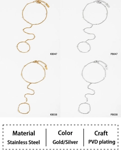 Detailed grid showing gold and silver PVD plated stainless steel hand chain bracelets