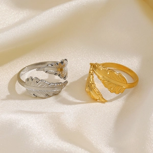 Vintage Feather Ring Stainless Steel Adjustable Open Band Retro Double Leaf Fashion Jewelry For Women
