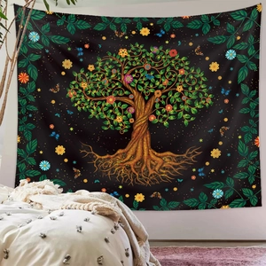 Detail of life tree tapestry hanging on bedroom wall with floral and butterfly patterns