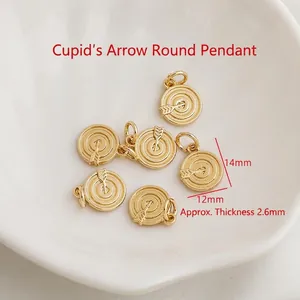 Set of 6 gold plated 14K heart and arrow round pendants for DIY jewelry making