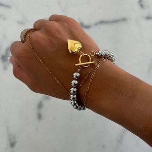 Stainless Steel Heart Charm Beaded Bracelet Two Tone Gold Toggle Clasp Fashion Jewelry For Women