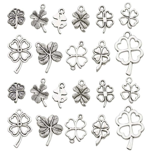 Set of 20 silver alloy four-leaf clover charms in hollow and embossed filigree designs