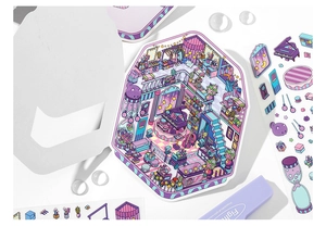 Close-up of 2.5D dollhouse scene stickers with dreamy purple and pink cartoon illustrations