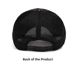 Detail of adjustable snapback closure and breathable mesh on black baseball cap