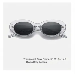 Detail view of transparent grey sunglasses frame with dimensions 51-15-142 engraved