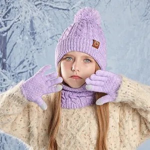 Kids purple knit hat scarf and gloves set with faux fur pom pom for winter warmth