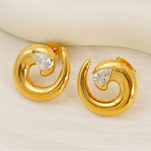 Spiral Stud Earrings 18K Gold Plated 304 Stainless Steel With Pear Cut Clear Zircon Geometric Irregular For Women