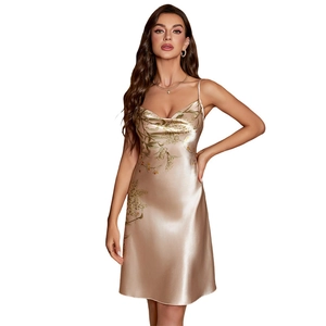 Champagne satin slip dress with elegant floral print and draped V-neckline for women
