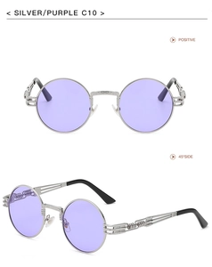 Steampunk round metal sunglasses with silver frame and purple lenses C10 detail