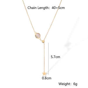 Detailed size map of gold star and planet pendant necklace with dimensions and weight info