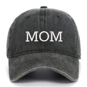 Close-up of MOM embroidery and washed cotton texture on dark grey baseball cap