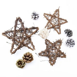 Handmade woven rattan star ornaments with natural pine cones for Christmas DIY decoration