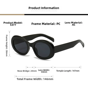 Detailed size specifications for black oval sunglasses with precise frame measurements