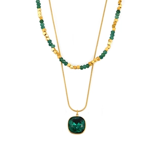 Collana a doppio strato in acciaio inossidabile con ciondolo in cristallo verde