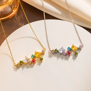 Luxury Stainless Steel Necklace For Women Geometric Colorful Rhinestone Pendant Clavicle Chain Fashion Jewelry Accessory