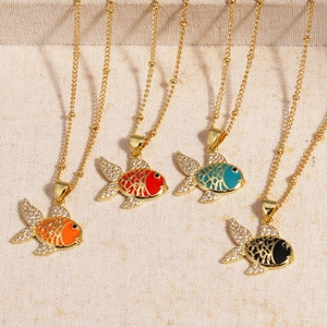 Goldfish Pendant Necklace Stainless Steel Enamel Rhinestone Vintage Lucky Charm Jewelry For Women Colorful Accessory