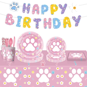 Dog Paw Birthday Party Supplies Plates Cups Banners Tablecloth Tissues Bone Pattern Pet Theme Decorations Kids Birthday Party
