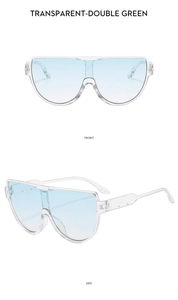 Detailed front and side views of transparent flat top sunglasses with blue-green gradient lenses