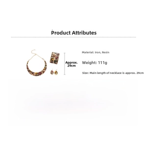 Detail view showing dimensions and materials for the leopard print jewelry set