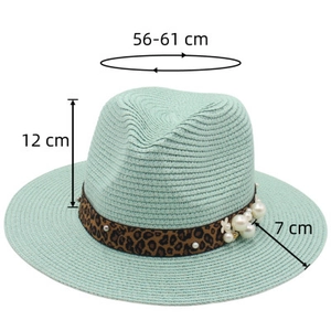 Detail of mint green straw fedora featuring leopard ribbon, pearls and dimensions