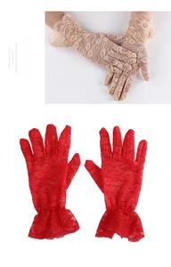 Close-up of red and champagne lace gloves with floral patterns and ruffled elastic wrists