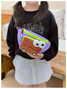 Detail of purple cartoon car shoulder bag on child model in cozy indoor setting