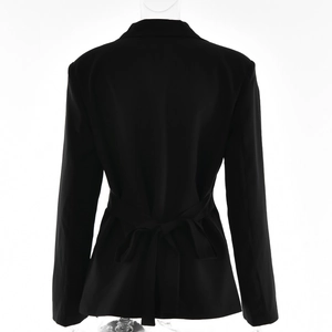Back view of a black blazer featuring a stylish bow-tied waist belt on white background