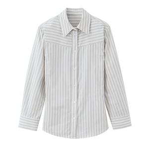 Striped Blouse Shirt Long Sleeve Button Down Polyester Grey White Shirt Collar Shoulder Pads Casual Women Top