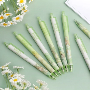 Set of 6 green Matcha Party retractable gel pens with cute anime girl illustrations