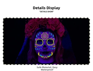 Detail show of Day of the Dead fluorescent skull face tattoos glowing under UV light