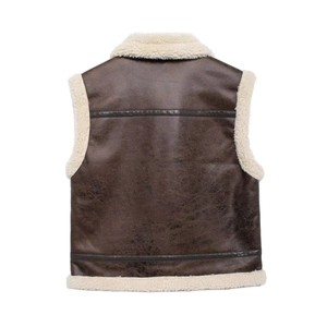 Back view of brown faux leather vest with cozy beige teddy fleece lining and trim