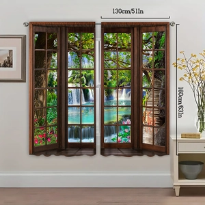 Detail view of 3D forest waterfall curtains showing dimensions 130x160cm in a living room